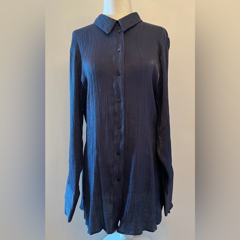 Zara Womens L Button Front
Long Sleeve Tie Waist Blue Crinkle Satin Effect Top